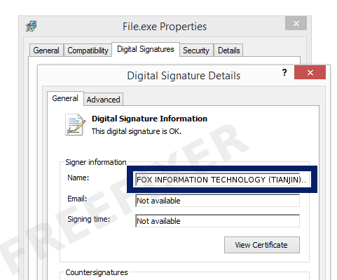Screenshot of the FOX INFORMATION TECHNOLOGY (TIANJIN) LIMITED certificate